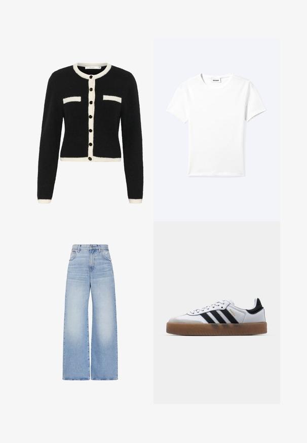 Sort, fuzzy cardigan med en hvid knapstolpe og lommedetaljer. Udstyret med sorte knapper og et cropped design med lange ærmer.; Ensfarvet hvid t-shirt med korte ærmer og rund halsudskæring med en lille "WEEKDAY" label indeni halskanten, vist fladt på en lys baggrund.; Lyseblå højtaljede jeans med vidde i benene, lukkes foran med knapper og lynlås, for- og baglommer samt en let slidt detalje på højre lomme.; Hvide lædersneakers med sorte striber, gummirubber sål, rund tå, snørelukning og blød grå ruskinds tåhætte.