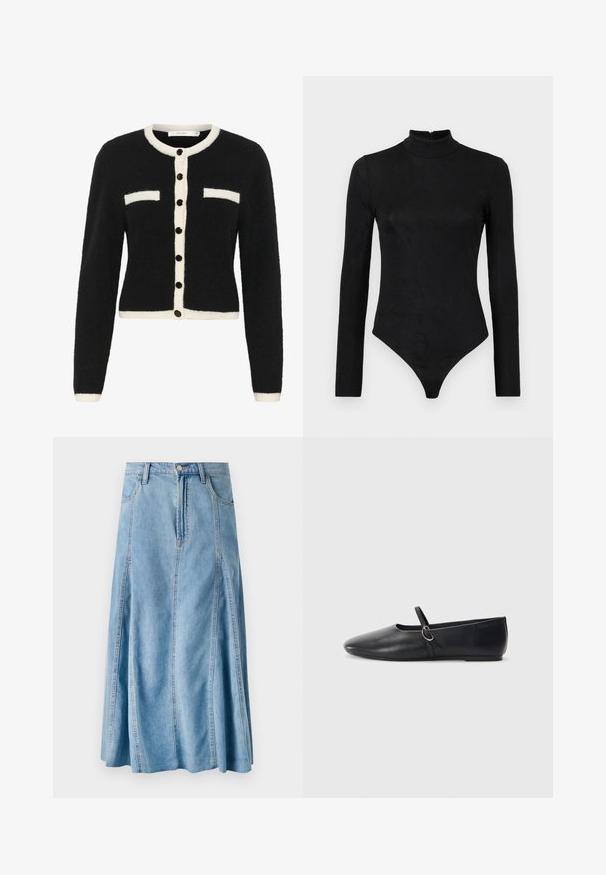 Cardigan noir en peluche avec une patte de boutonnage blanche et des poches décoratives. Doté de boutons noirs, d'un design court et de manches longues.; Body noir à manches longues avec un col montant et une texture subtile. Comprend une fermeture éclair au dos et un design de bas en thong.; Jupe en denim bleu clair au design évasé, avec une fermeture à bouton, des passants de ceinture et des détails de couture verticaux. Longueur mi-mollet.; Ballerines noires en cuir avec un bout pointu, une semelle plate et une petite sangle avec un détail de boucle en argent.