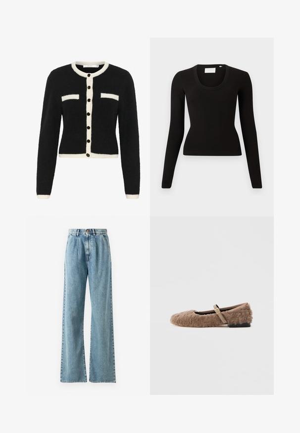 Schwarze, flauschige Strickjacke mit einer weißen Knopfleiste und Taschenakzenten. Verfügt über schwarze Knöpfe und ein cropped Design mit langen Ärmeln.; Schwarzes langärmliges Oberteil mit einem U-Boot-Ausschnitt, aus geripptem Material, mit schmaler Passform und minimalistischem Design. Keine sichtbaren Muster oder Akzente.; Helle blaue hochgeschnittene weite Jeans aus Denim, mit Knopfverschluss, ausgeprägten Falten und genähten Taschen.; Braune, flauschige flache Schuhe mit einem Mary-Jane-Riemen und goldener Schnalle. Weicher Stoff, quadrate Zehenpartie und niedriger Blockabsatz. Glattes Innenfutter.