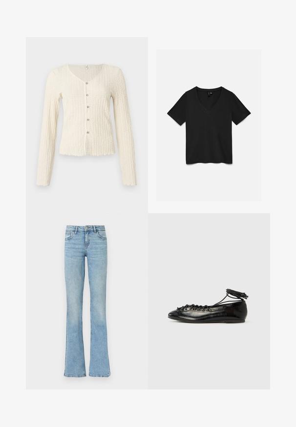 Cardigan à manches longues couleur ivoire avec un motif tricoté texturé, doté d'un col en V et de cinq boutons métalliques sur le devant. Ourlet festonné.; T-shirt noir à manches courtes et col en V posé à plat, montrant le côté avant avec un design simple sans motifs ni logos visibles.; Jean en denim bleu clair avec une taille haute et des jambes évasées, doté de poches avant, passants pour ceinture et fermeture par bouton.; Ballerines en cuir verni noir avec un bout rond, un design à lacets et une semelle plate. Texture lisse avec peu de détails.
