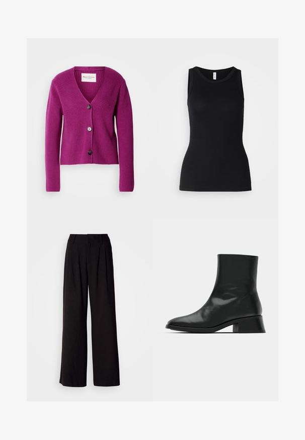 Lila gerippter Cardigan mit V-Ausschnitt, langen Ärmeln und drei schwarzen Knöpfen an der Vorderseite. Strukturiertes Material für zusätzliche Wärme und Details.; Schwarzes ärmelloses Tanktop aus geripptem Stoff, mit rundem Ausschnitt und figurbetontem Design, glatter Textur und ohne Muster.; Schwarze weit geschnittene Hosen aus glattem Stoff, mit Falten an der Vorderseite, einem taillierten Bund und ohne sichtbare Muster oder Akzente.; Schwarze Ankle Boots aus glänzendem Leder, mit einem eleganten Design, spitzer Zehenpartie und einem moderaten Blockabsatz für Stabilität.
