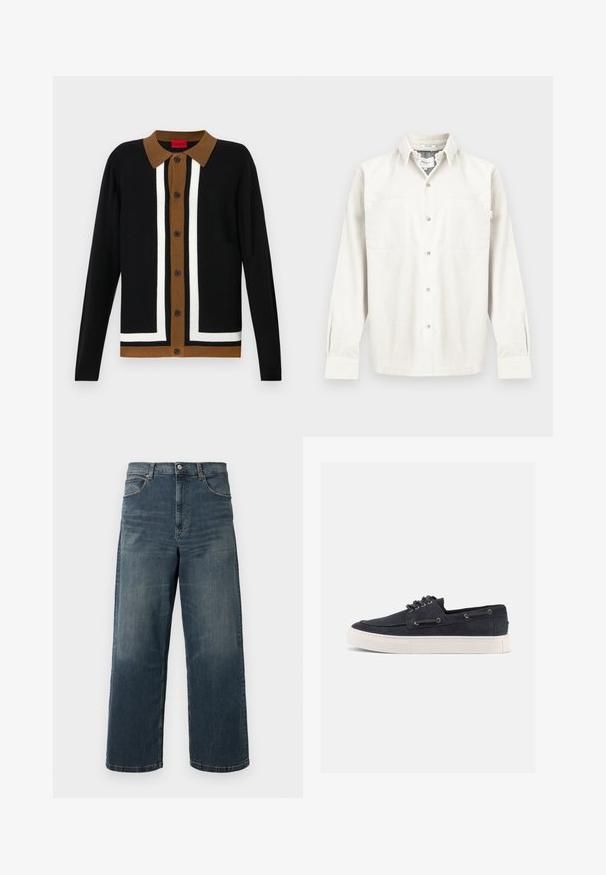 Cardigan noir avec un col brun, présentant un motif à rayures blanches et une fermeture à bouton. Tissu texturé avec des manches longues et un ourlet retroussé.; Chemise en velours côtelé de coton blanc cassé, dotée de manches longues, d'une patte de boutonnage à l'avant, de deux poches poitrine et d'une coupe décontractée avec un subtil effet côtelé.; Jeans en denim à jambes larges de couleur bleu foncé, avec un effet délavé, un design à cinq poches et des coutures robustes. Fermeture à boutons à la taille.; Baskets décontractées en daim bleu marine avec semelle en caoutchouc blanche, lacets noirs et œillets en métal, vues de côté droit sur fond uni.