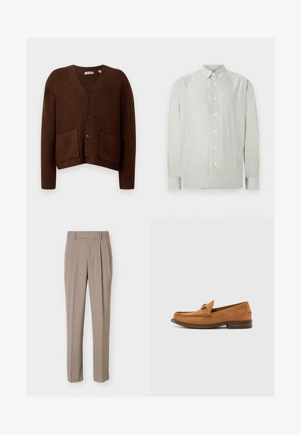 Cardigan brun côtelé avec un décolleté en V, des poches avant et des boutons noirs ; fabriqué en tissu texturé doux dans un design court.; Chemise à rayures en gris clair et blanc, avec un col classique et des manches longues avec des détails aux poignets. Texture de tissu douce.; Pantalon beige sur mesure avec plis devant, passants de ceinture et fermeture dissimulée à l’avant, présenté sur fond blanc.; Mocassin pour homme en daim marron clair avec détail en métal et couture mocassin, présenté en profil sur un fond blanc uni.