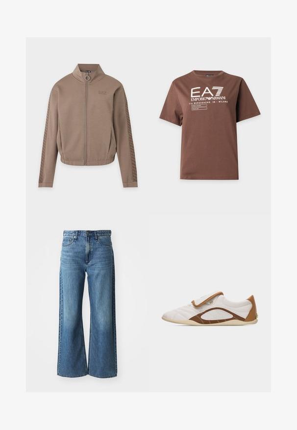 Veste marron zippée avec col montant, taille élastique, poches latérales et rayures à motifs le long des manches, avec le logo EA7 sur la poitrine.; T-shirt marron à manches courtes avec logo blanc EA7 Emporio Armani, adresse de Milan et texte vêtements de sport sur le devant.; Jean en denim bleu à jambes larges avec une taille mi-haute, cinq poches et un léger dégradé. Caractéristiques : passants de ceinture et détails cousus.; Baskets basses blanches et marron avec bride auto-agrippante, détails latéraux perforés et emblème de logo sur le côté et le talon.