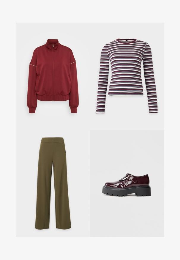 ONLY Tall ONLMILA ZIP LOOSE - Φούτερ με φερμουάρ - cabernet/cloud dancer; Μακρυμάνικη ριμπ μπλούζα με οριζόντιες ρίγες σε σκούρο κόκκινο, λευκό και ναυτικό μπλε, με στρογγυλή λαιμόκοψη.; Ελιά-πράσινο παντελόνι με φαρδιά μπατζάκια, ψηλή μέση και πλαϊνές τσέπες σε λευκό φόντο.; Μπορντό παγωμένη δερμάτινη παπουτσάκι Mary Jane με ασημένια αγκράφα και χοντρή μαύρη σόλα, πλάγια άποψη σε λευκό φόντο.