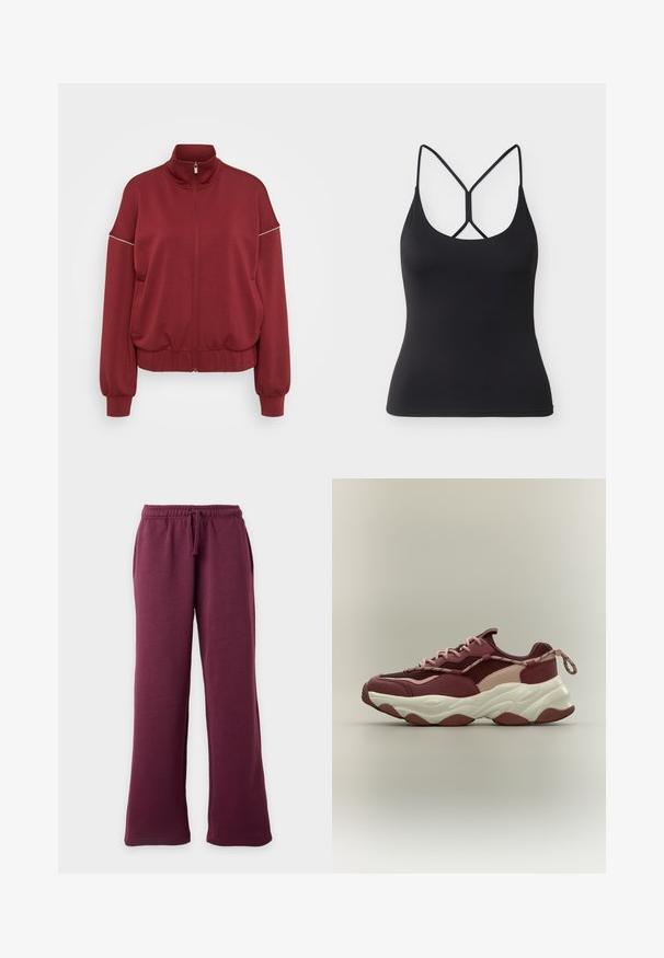 ONLY Tall ONLMILA ZIP LOOSE - Vetoketjullinen college - cabernet/cloud dancer; Musta istuva toppi, jossa on ohuet hihnat ja ainutlaatuinen ristikkäinen muotoilu takana vaaleanharmaalla taustalla.; Maroonin väriset leveälahkeiset collegehousut, joissa joustava vyötärö ja nyöri, etutaskut, esitetty kirkkaan vaaleaa taustaa vasten.; Paksupohjainen lenkkari, jossa viininpunainen, vaaleanpunainen ja beige verkko- ja nahkapäällinen, paksu valkoinen pohja, vaaleanpunaiset nauhat ja vetoläpän kantapäässä neutraalilla taustalla.