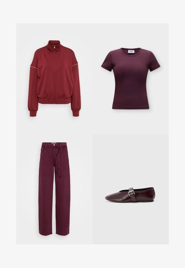 ONLY Tall ONLMILA ZIP LOOSE - Sweater met rits - cabernet/cloud dancer; T-shirt met korte mouwen, ronde hals, aansluitend en geribd in donkerpaars met een zichtbaar Jjxx merklabel aan de binnenkant van de kraag.; Bordeaux wijde benen broek van katoen, met een gestrikte tailleband, twee voorkleppen en een knoopsluiting. Glad van textuur, zonder patronen.; Bordeaux leren balletschoenen met een puntige neus, een platte zool en een decoratieve gesp over de wreef. Glad, glanzend oppervlak.