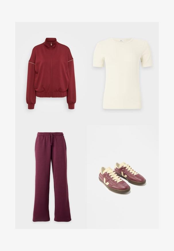 ONLY Tall ONLMILA ZIP LOOSE - Lukuga pusa - cabernet/cloud dancer; Kreemika värvi soonikkoes lühikeste varrukatega ümara kaelusega topp, millel on kitsas lõige, esitatud ühevärvilisel heledal taustal.; Vaarikapunase laia säärega dressipüksid elastse vöökohaga ja paelaga, esitaskut, esitletud ühtlase heleda tausta ees.; Par jalat madala lõuaga tossud tekstureeritud burgundia pealsete, kreemikate paelte, keelete ja kontsadega ning pruunide kummipõhjadega valgel taustal.