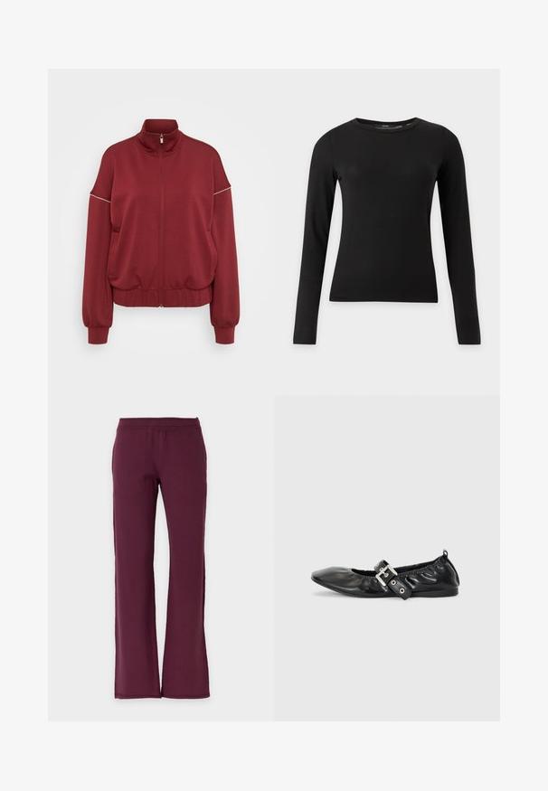 ONLY Tall ONLMILA ZIP LOOSE - Lukuga pusa - cabernet/cloud dancer; Must pikkade varrukatega kehakuju rõhutav särk ümara kaelusega, esitatud lihtsal heledal taustal.; Sirge säärega püksid ühtlase tumeda burgundi värvusega, elastse vöökohaga, valmistatud pehmest kangast.; Must musta lamega, millel on terav nina, kokkukogutud detailid avause ümber ja hõbedane pandla aktsent reguleeritaval rihmal.