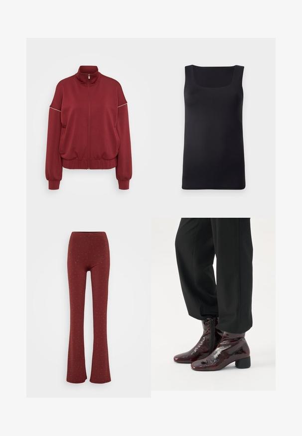 ONLY Tall ONLMILA ZIP LOOSE - Sweater met rits - cabernet/cloud dancer; Zwarte mouwloze tanktop met een vierkante halslijn, gemaakt van gladde stof, met een slim fit ontwerp en schone randen, zonder zichtbare patronen of accenten.; Bordeaux flared broeken van stretchstof, met een gestructureerd oppervlak met kleine, zilverkleurige stippenpatronen overal.; Glanzende donker bordeauxkleurige enkellaarzen met zijritsen, gedragen met losse zwarte broeken tegen een effen achtergrond.