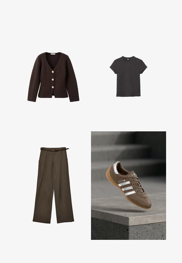 Cardigan à manches longues de couleur brun foncé, texturé, avec col en V et trois boutons décoratifs dorés sur le devant.; T-shirt en coton gris charbon, manches courtes, col rond avec un ourlet droit, posé à plat sur un fond blanc.; Pantalon marron à jambes larges avec une ceinture marron assortie, présenté à plat sur fond blanc.; Baskets en daim marron avec des rayures blanches et des accents argentés, dotées d'une tige texturée, d'un système de laçage et d'une semelle en caoutchouc gomme.