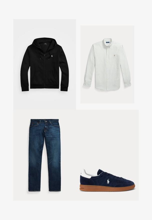 Zwarte zip-up hoodie van zacht materiaal, voorzien van een voorzak, verstelbare capuchon met trekkoord en een klein geborduurd logo op de borst.; Lichtgroen-wit gestreept overhemd van katoen met knopen, voorzien van een klassieke kraag en een klein geborduurd logo op de borst.; Donkerblauwe spijkerbroek met lichte vervaging op de dijen en zakken, knoop- en ritsluiting, en design met vijf zakken, plat gelegd op een witte achtergrond.; Donkerblauwe suède sneaker met witte hielstrook, geborduurd logo aan de zijkant, bruine rubberen zool en zwarte veters.