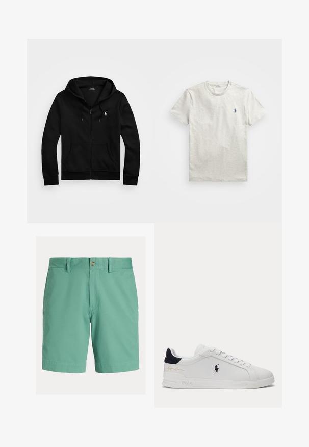 Zwarte zip-up hoodie van zacht materiaal, voorzien van een voorzak, verstelbare capuchon met trekkoord en een klein geborduurd logo op de borst.; Lichtgrijs short-sleeve t-shirt van een zachte stof. Bevat een subtiel logo in blauw op de linkerkant van de borst. Klassiek ronde hals ontwerp.; Herenshorts in lichtgroen, gemaakt van een katoenmengsel. Voorzien van een vlakke voorkant, knoopsluiting, riemlussen en zijzakken. Soepele textuur.; Witte lage sneaker met zwart polo-speler logo aan de zijkant, navy hieltab, witte veters en "Ralph Lauren" gouden handtekening nabij de hiel