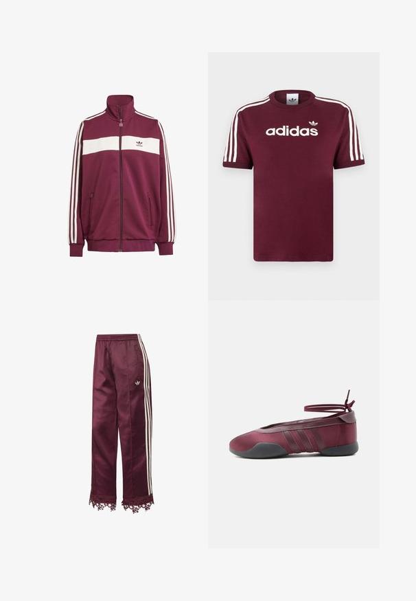 Bordeaux zipjakke med hvid vandret stribe og tre hvide sidelister. Har en høj krave og to lynlåslommer på siden.; Mørkerød bomulds T-shirt med hvide stribede ærmer, med "adidas" logo i hvid på brystet og et lille logo ovenover.; Bordeaux satin træningsbukser med hvide sidelommer, elastisk talje, lynlåslommer og blondekant ved kanten.; Burgunderfarvet balletsko med sort sål, elastiske ankelstropper bundet i sløjfe og syninger på siderne, vist fra ydersiden.