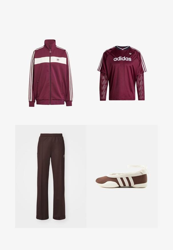 Bordeaux zipjakke med hvid vandret stribe og tre hvide sidelister. Har en høj krave og to lynlåslommer på siden.; Mørkerød Adidas langærmet trøje med netærmer, hvidt logo og striber på skuldrene, sort og hvid krave, forfra.; Brune træningsbukser med elastisk talje, to sidelommer og et lille logo på venstre side, lavet af et blødt stof.; Brun og hvid balletflad sko med tre hvide striber og ankelbånds sløjfe på en ensartet lys baggrund.