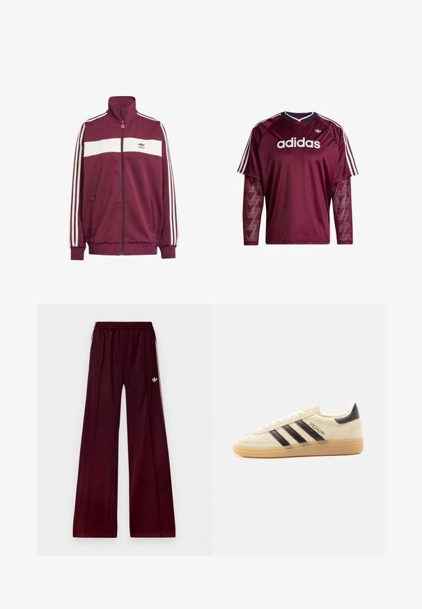 Bordeaux zipjakke med hvid vandret stribe og tre hvide sidelister. Har en høj krave og to lynlåslommer på siden.; Mørkerød Adidas langærmet trøje med netærmer, hvidt logo og striber på skuldrene, sort og hvid krave, forfra.; Bordeaux farvede sportbukser med afslappet pasform, lavet af glat materiale, med to sidelommer og hvide kontraststriber langs siderne.; Kremfarvet ruskindssneaker med sorte striber, gummisål, sort hælstrop og gyldent "SPEZIAL"-tekst på siden.