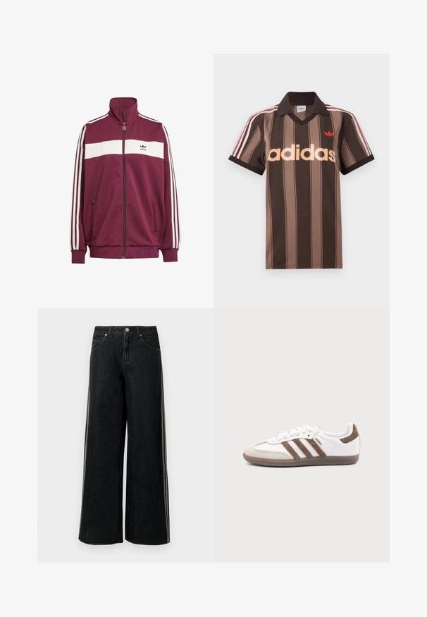 Bordeaux zipová bunda s bielym horizontálnym pruhom a tromi bielymi bočnými pruhmi. Má vysoký golier a dve bočné vrecká so zipsom.; Hnedé prúžkované polo tričko Adidas s výstrihom do V, bordovým golierom a červeným logom. Má bielo-červené pruhy na ramenách a krátke rukávy.; Čierne široké džínsové nohavice s bočnými pruhmi, prednými vreckami, pútkami na opasok a kovovým gombíkom na zapínanie v páse.; Biele tenisky Adidas Samba s hnedými semišovými pruhmi, hnedou gumovou podrážkou a béžovým semišovým špicom, zobrazené z vonkajšej strany na jednofarebnom pozadí.