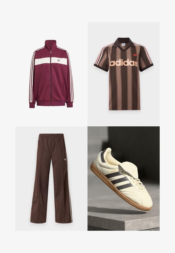 Bordeaux zipová bunda s bielym horizontálnym pruhom a tromi bielymi bočnými pruhmi. Má vysoký golier a dve bočné vrecká so zipsom.; Hnedé prúžkované polo tričko Adidas s výstrihom do V, bordovým golierom a červeným logom. Má bielo-červené pruhy na ramenách a krátke rukávy.; Hnedé športové nohavice so širokým strihom nohavíc, bielymi bočnými pásmi, elastickým pásom a dvoma bočnými vreckami. Na nohavici je malá značka.; Krémové kožené tenisky s tromi tmavými pruhmi, hnedou gumenou podrážkou a zaoblenou špičkou. Obsahujú prehýbací jazyk s označením "SAMBA."
