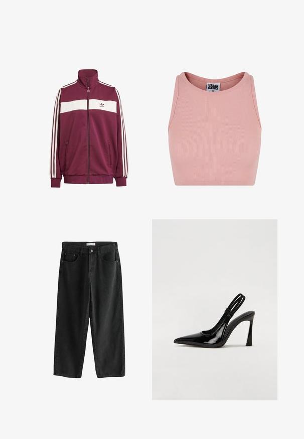 Bordeaux zipjakke med hvid vandret stribe og tre hvide sidelister. Har en høj krave og to lynlåslommer på siden.; Lyserød ribbet crop top med rund halsudskæring, lavet af strækbart stof. Har ingen ærmer og et mærke indeni med teksten "URBAN CLASSICS."; Sorte denim bukser med bred benvidde, der har knaplukning, fem-lomme-design og standard stikninger. Glat tekstur, ingen synlige mønstre.; Sorte patenterede lædersædler med spidse tæer, slank høj hæl og dobbelt elastisk rem for sikker pasform. Glat, skinnende overflade.
