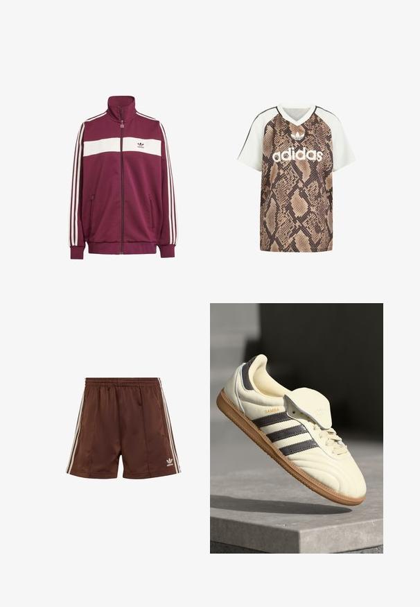 Bordeaux zipová bunda s bielym horizontálnym pruhom a tromi bielymi bočnými pruhmi. Má vysoký golier a dve bočné vrecká so zipsom.; Tričko Adidas s krátkym rukávom a strihom do V, s bielymi rukávmi a hnedým hadím vzorom na tele, s bielym logom Adidas a emblémom trefoil vpredu.; Hnedé športové šortky vyrobené z hladkej tkaniny s uvoľneným strihom, s bielymi bočnými pruhmi a vyšitým logom na dolnom ľavom okraji.; Krémové kožené tenisky s tromi tmavými pruhmi, hnedou gumenou podrážkou a zaoblenou špičkou. Obsahujú prehýbací jazyk s označením "SAMBA."