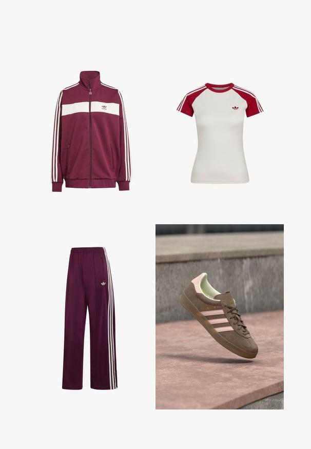 Bordeaux zipjakke med hvid vandret stribe og tre hvide sidelister. Har en høj krave og to lynlåslommer på siden.; Hvid tætsiddende sportstrøje med korte ærmer, røde raglanærmer, rød krave, tre hvide striber på ærmerne og lille logo på venstre bryst.; Vinrøde Adidas træningsbukser med elastisk linning, tre hvide striber på siden, lynlåslomme og broderet logo på venstre lår.; Brun ruskindsneaker med pinke accenter, tre hvide striber og et gult logo. Har en blød indvendig foring og en struktureret gummisål.