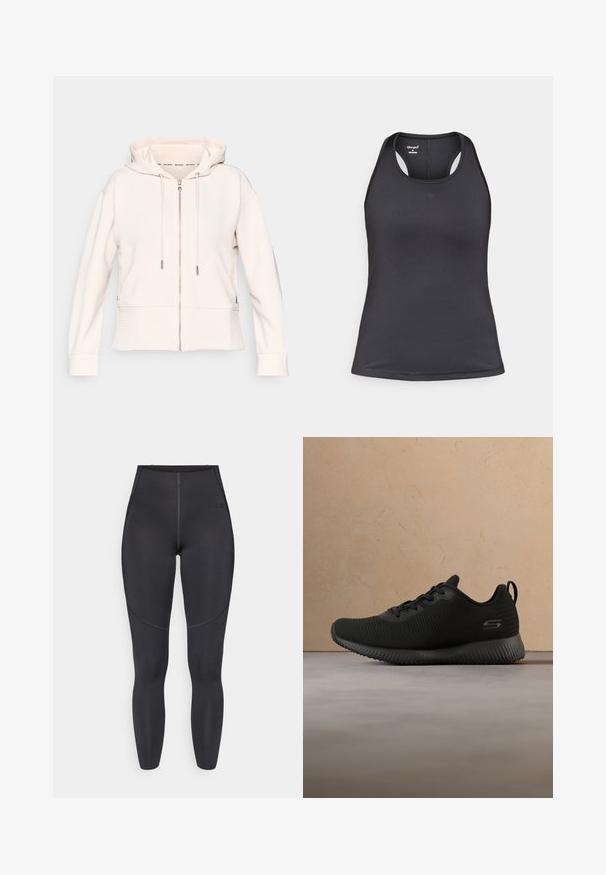 Lys pink zip-up hoodie med en subtil ribbet tekstur, justerbare snore og sidelommer. Blødt stof, afslappet pasform og hætte-design.; Sort atletik tanktop med racerback-design, lavet af glat, strækbart stof med få sømme og logo på forsiden.; Sortte leggings med høj talje lavet af strækbart stof, med flade sømme og et tætsiddende design, ideelle til træningstøj.; Sorte sportsko med tekstureret overdel, rund tå og snørebånd. Har en polstret sål og en løkke i hælen for nem påtagning.