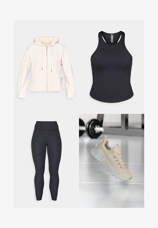Lys pink zip-up hoodie med en subtil ribbet tekstur, justerbare snore og sidelommer. Blødt stof, afslappet pasform og hætte-design.; ONLY Play ONPSANA SHORT - Top - black; Høj taljede sorte ribbede leggings med en tætsiddende design, glat tekstur og fuldlængde pasform. Har en bred talje for støtte.; Letvægts sneaker i en blød beige farve. Har en tekstureret overdel, flade snørebånd og en tyk, rillede sål med subtile brandingsdetaljer.