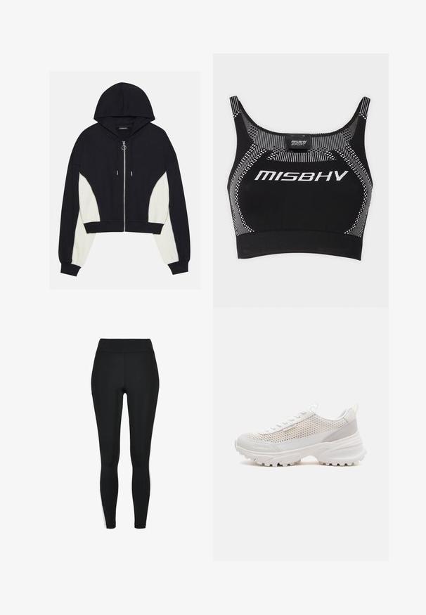 Zwart-wit cropped hoodie met een voorrits, capuchon en contrasterende zijpanelen. Beschikt over zilverkleurige hardware en ribgebreide manchetten en zoom.; MISBHV TOP - Top - black/white; Zwarte legging met een hoge tailleband, voorzien van witte zijstrepen, gemaakt van rekbare stof voor comfort en flexibiliteit.; Witte chunky sneaker met mesh bovenwerk, dikke zool, Calvin Klein-logo aan de zijkant en treklus aan de hiel.