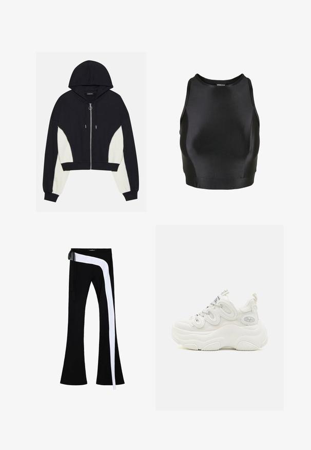 Sort og hvid cropped hoodie med en frontlynlås, hætte og kontrasterende sidepaneler. Har sølvfarvet hardware samt ribbet manchetter og kant.; Sort ærmeløs crop top med høj hals, tætsiddende pasform og glat stof, designet til atletisk eller afslappet brug.; Sorte vide bukser med en hvid diagonalstribe og et gennemsigtigt sort bånd i taljen på en hvid baggrund.; Hvide chunky sneakers med overdel i mesh og syntetisk materiale, buet form, tekstureret sål og fremtrædende snøresystem med logo detaljer.