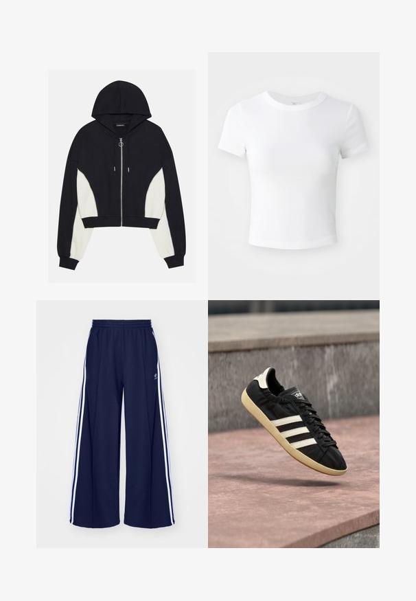 Haut en crop noir et blanc avec fermeture éclair sur le devant, capuche et panneaux latéraux contrastants. Caractéristiques en métal argenté et poignets et ourlet côtelés.; T-shirt courte à manches courtes, blanche, avec un col rond, présentée sur un fond neutre et lumineux.; adidas Originals PANT - Pantalon de survêtement - night indigo; Baskets Adidas noires avec des bandes blanches et une semelle beige, capturées en plein air au-dessus d'une surface en pierre et d'un mur en pierre en arrière-plan.