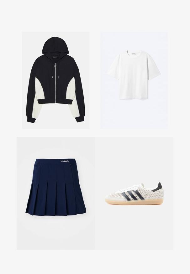Haut en crop noir et blanc avec fermeture éclair sur le devant, capuche et panneaux latéraux contrastants. Caractéristiques en métal argenté et poignets et ourlet côtelés.; T-shirt blanc à manches courtes avec col rond et ourlet droit, étiquette de marque "WEEKDAY" à l’intérieur de l’encolure.; Jupe plissée bleu marine en tissu léger ; elle présente une taille élastique et une petite poche zippée, avec un logo Adidas blanc à l'avant.; Baskets en maille blanche avec un design à trois bandes noires, bout arrondi et semelle en caoutchouc gomme. Dotées d'un col de talon souple et d'une fermeture à lacets.