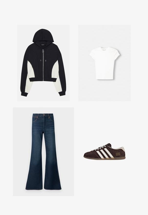 Haut en crop noir et blanc avec fermeture éclair sur le devant, capuche et panneaux latéraux contrastants. Caractéristiques en métal argenté et poignets et ourlet côtelés.; T-shirt blanc à manches courtes en coton doux, avec un col rond et une coupe ajustée. Pas de motifs ni d'ornements visibles.; Wrangler 70S FLARE - Jean flare - whirlpool; Baskets en suède marron avec trois bandes blanches, semelle en caoutchouc, et étiquette avec le texte "Gazelle" en or. Fermeture à lacets avec lacets gris.