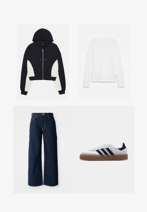 Haut en crop noir et blanc avec fermeture éclair sur le devant, capuche et panneaux latéraux contrastants. Caractéristiques en métal argenté et poignets et ourlet côtelés.; T-shirt blanc uni à manches longues et col rond, posé à plat sur une surface blanche, montrant l'avant et la longueur complète des manches.; Jeans en denim bleu foncé à jambes larges avec des coutures contrastées, un design à cinq poches et une fermeture à bouton à la taille.; Baskets en cuir blanc avec des rayures noires, semelle extérieure en caoutchouc beige, bout rond, fermeture lacée et embout en suède gris doux.