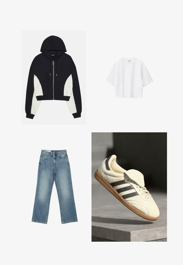Haut en crop noir et blanc avec fermeture éclair sur le devant, capuche et panneaux latéraux contrastants. Caractéristiques en métal argenté et poignets et ourlet côtelés.; T-shirt blanc court en coton doux, avec col rond, manches courtes et coupe décontractée. Design simple et polyvalent.; Jean en denim bleu clair avec taille haute, jambes droites et larges, fermeture avant par boutons, fermeture éclair et design cinq poches.; Baskets en cuir crème avec trois bandes sombres, une semelle extérieure en gomme marron et un bout arrondi. Présentent une languette pliable étiquetée "SAMBA."