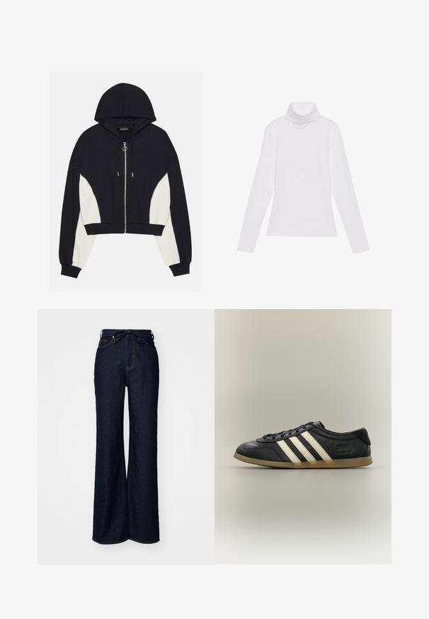 Sort og hvid cropped hoodie med en frontlynlås, hætte og kontrasterende sidepaneler. Har sølvfarvet hardware samt ribbet manchetter og kant.; Hvid langærmet turtle-neck top lavet af glat, strækbart stof. Har en høj krave og tætsiddende design, uden synlige mønstre eller udsmykninger.; Mørkeblå brede bukser lavet af denim, med høj talje, forlommer og en bindebåndslukning i taljen.; Sort Adidas Gazelle sneaker med hvide striber, sorte snørebånd og en lysebrun sål, vist i sideprofil på neutral baggrund.