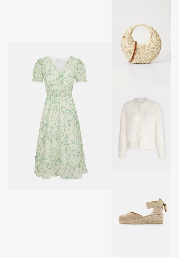 Cardigan pour femmes de couleur crème avec boutons, manches longues et poignets et ourlet côtelés.; Robe fleurie vert clair avec manches courtes bouffantes, col en V, taille élastique et ourlet à volants arrivant à mi-mollet.; Espadrille beige avec une tige en toile, un talon texturé tissé et une semelle en jute tressé ; dispose d'une bride à la cheville pour un maintien sécurisé.; Sac à main tressé rond en paille naturelle avec une finition texturée. Dispose d'une bandoulière en cuir marron lisse et d'une poignée circulaire.