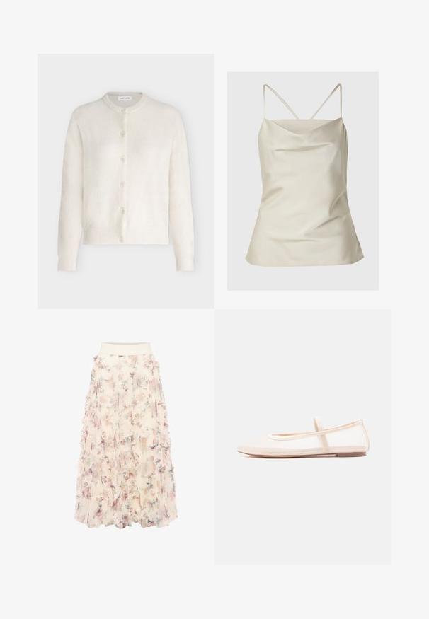 Cardigan pour femmes de couleur crème avec boutons, manches longues et poignets et ourlet côtelés.; Camisole en satin de couleur beige clair, avec un décolleté drapé et de fines bretelles ajustables. Texture lisse avec une coupe légèrement ample.; zero MIT BLUMENPRINT - Jupe trapèze - cream pink; Ballerines avec une tige en mesh beige transparent et une bride en satin, dotées d'un bout arrondi et d'une semelle basse marron. Design léger et flexible.