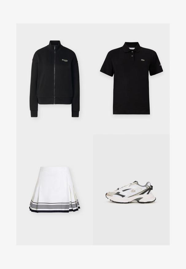 Veste noire zippée avec col montant, manches longues, poignets et ourlet côtelés, et petit logo "Levi's" blanc et vert sur la poitrine gauche.; Polo noir manches courtes avec deux boutons, un col, petit logo crocodile vert sur la poitrine et inscription blanche sur la manche gauche.; Jupe blanche plissée avec des rayures horizontales noires près de l'ourlet et un petit bouton sur la taille, présentée sur un fond uni.; Baskets blanches et grises avec un dessus en mesh, accents noirs et semelle texturée. Comprend des lacets, un logo et des éléments de design contrastants.