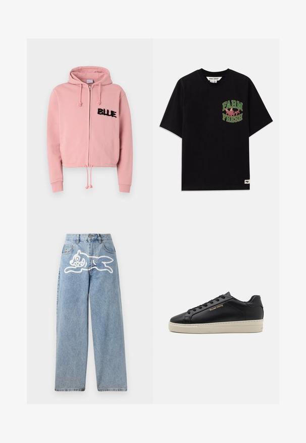 Sudadera corta de color rosa claro con cremallera delantera, cordón y dos bolsillos frontales. Presenta letras en negro de peluche que dicen "BLUE" y tachuelas.; Camiseta de algodón negra con un estampado gráfico en texto verde y rosa que dice "FARM FRESH", con un corte holgado y mangas cortas.; Vaqueros de mezclilla en azul claro con un corte relajado y de pierna ancha. Presenta un gráfico blanco de un gato corriendo en la parte trasera. Clásico diseño de cinco bolsillos.; Zapatilla de cuero negra con un acabado suave, suela crema en contraste, puntera redonda, logo dorado en el lateral y seis ojales para los cordones.