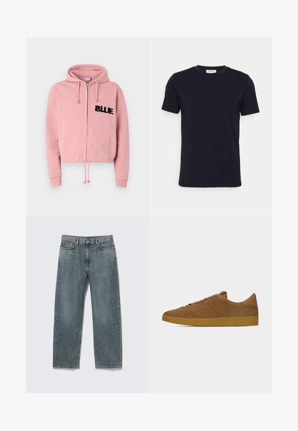 Φωτεινό ροζ cropped hoodie με μπροστινό φερμουάρ, κορδόνι και δύο μπροστινές τσέπες. Διαθέτει μαύρη φουντωτή επιγραφή "BLUE" και κρυστάλλους.; Μαύρη κοντομάνικη μπλούζα τύπου crew neck με μια μικρή λευκή ετικέτα μέσα στον λαιμό.; Μπλε τζιν παντελόνι με ευθεία γραμμή, εμπρόσθιες και οπίσθιες τσέπες, θηλιές για ζώνη και κλείσιμο με κουμπί, τοποθετημένο επίπεδα σε λευκό φόντο.; Καφέ σουέντ αθλητικό παπούτσι χαμηλής κοπής με κορδόνια στο ίδιο χρώμα και σόλα από καουτσούκ χρώματος γκαμ, εμφανιζόμενο σε αριστερή πλευρική προβολή σε απλό ανοιχτό γκρι φόντο.
