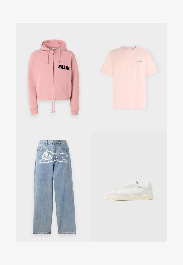 Φωτεινό ροζ cropped hoodie με μπροστινό φερμουάρ, κορδόνι και δύο μπροστινές τσέπες. Διαθέτει μαύρη φουντωτή επιγραφή "BLUE" και κρυστάλλους.; Ανοιχτό ροζ κοντομάνικη μπλούζα με στρογγυλή λαιμόκοψη και μικρό μπλε λογότυπο «Les Deux» κεντημένο στην αριστερή πλευρά του στήθους.; Τζιν παντελόνι σε ανοιχτό μπλε με χαλαρή, φαρδιά εφαρμογή. Διαθέτει λευκή γραφική παράσταση ενός τρέχοντος γάτου στο πίσω μέρος. Κλασικός σχεδιασμός πέντε τσεπών.; Λευκό αθλητικό παπούτσι με επάνω μέρος από σουέτ και δέρμα με υφή. Διαθέτει στρογγυλή μύτη, κλείσιμο με κορδόνια και αντίθετη μπεζ καουτσούκ σόλα.