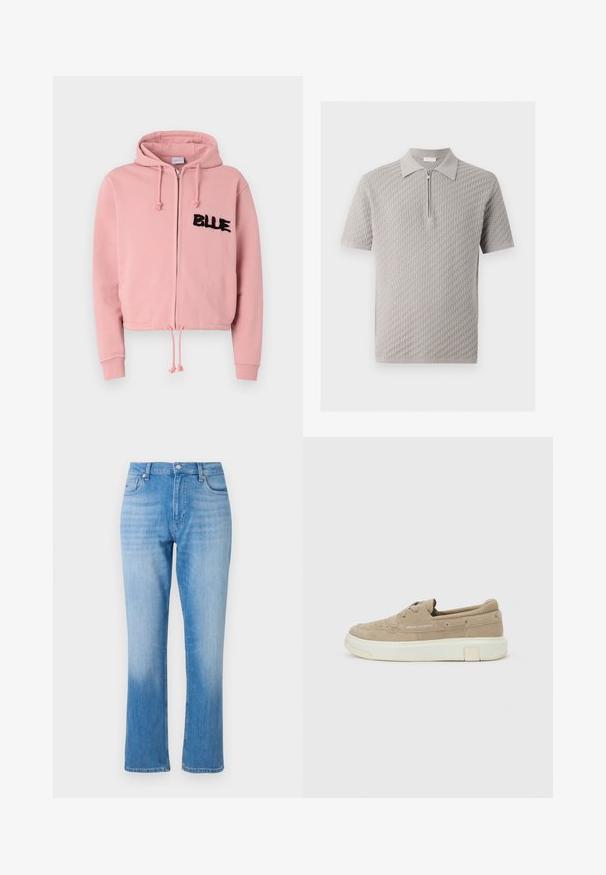 Φωτεινό ροζ cropped hoodie με μπροστινό φερμουάρ, κορδόνι και δύο μπροστινές τσέπες. Διαθέτει μαύρη φουντωτή επιγραφή "BLUE" και κρυστάλλους.; Ανοιχτό γκρι πόλο με κοντά μανίκια, υφασμένο με υφή μοτίβου και φερμουάρ μπροστά κάτω από το γιακά.; Ανοιχτό μπλε τζιν παντελόνι με κανονική γραμμή, που διαθέτει κλασικό στυλ πέντε τσεπών, κλείσιμο με κουμπί και διακριτική φθορά κοντά στο μπατζάκι.; Μπεζ σουέτ αθλητικό παπούτσι με λευκή παχιά σόλα, κορδόνια στο μπροστινό μέρος, διάτρητες λεπτομέρειες και το λογότυπο "Armani Exchange" στο πλάι.