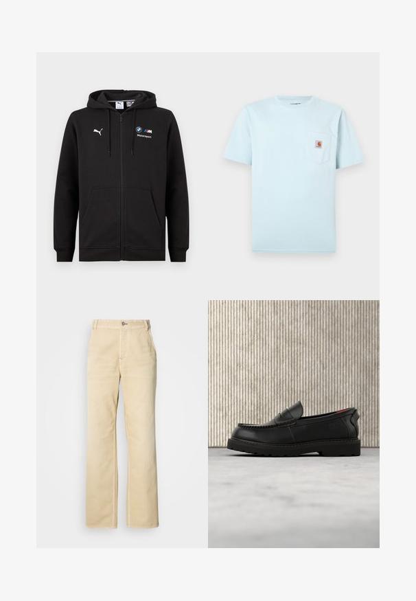 Sweat à capuche noir à fermeture éclair intégrale avec capuche et poches avant, présentant le logo Puma blanc et les logos BMW M Motorsport sur la poitrine.; T-shirt bleu clair à manches courtes et col rond avec une poche poitrine ornée d'un petit patch logo Carhartt brun et orange.; Pantalon large couleur kaki en coton doux, avec une fermeture par un seul bouton, des poches avant et des coutures apparentes le long des coutures.; Mocassin en cuir noir avec semelle robuste et doublure intérieure rouge, positionné en suspension au-dessus d'un tapis beige et près d'un meuble en bois.