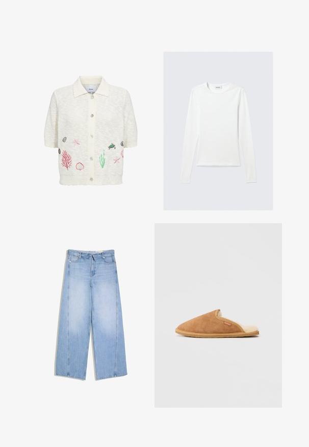 Cardigan blanc à manches courtes avec col et boutons sur le devant, avec des broderies représentant la vie marine, notamment étoiles de mer, coquillages, coraux et une tortue.; T-shirt blanc uni à manches longues avec col rond et coupe slim, présenté sur un fond gris clair.; Jean en denim bleu clair taille haute à jambes larges avec poches avant et arrière, passants de ceinture, fermeture par bouton et zip.; Pantoufle en daim marron avec une doublure en polaire crème douce et une semelle en caoutchouc beige. Elle présente un bout rond et un design avec des découpes sur le côté.