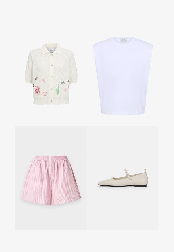 Cardigan blanc à manches courtes avec col et boutons sur le devant, avec des broderies représentant la vie marine, notamment étoiles de mer, coquillages, coraux et une tortue.; Haut blanc sans manches avec épaules structurées, encolure ronde et logo discret en relief au centre devant.; Shorts rayés rose et blanc avec taille élastique, présentant une texture lisse et deux petits boutons à l'avant pour la fermeture.; Ballerines en cuir blanc avec bout pointu, bride à la cheville et petit talon noir. Texture lisse avec des accents minimaux.
