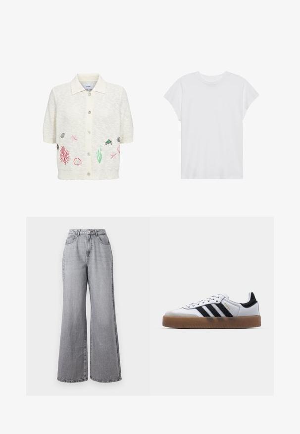 Cardigan blanc à manches courtes avec col et boutons sur le devant, avec des broderies représentant la vie marine, notamment étoiles de mer, coquillages, coraux et une tortue.; T-shirt blanc à manches courtes, col rond, coupe décontractée, en tissu de coton doux. Texture lisse, sans motifs ni logos.; Jean large gris clair en denim, avec une taille haute, cinq poches et une texture légèrement délavée. Fermeture à bouton métallique et à zipper.; Baskets en cuir blanc avec des rayures noires, semelle extérieure en caoutchouc beige, bout rond, fermeture lacée et embout en suède gris doux.