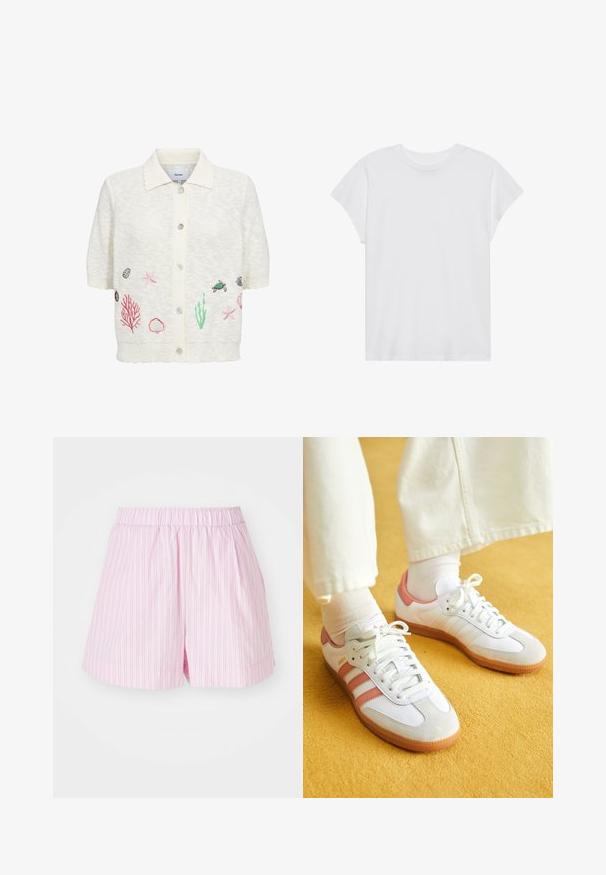 Cardigan blanc à manches courtes avec col et boutons sur le devant, avec des broderies représentant la vie marine, notamment étoiles de mer, coquillages, coraux et une tortue.; T-shirt blanc à manches courtes, col rond, coupe décontractée, en tissu de coton doux. Texture lisse, sans motifs ni logos.; Shorts roses clairs avec des rayures verticales blanches, dotés d'une taille élastique et d'une coupe ample, fabriqués en tissu doux et léger.; Baskets blanches avec des accents roses, en matériaux de daim et de cuir, à bout rond et semelle en caoutchouc, présentées avec des chaussettes claires sur un fond jaune.