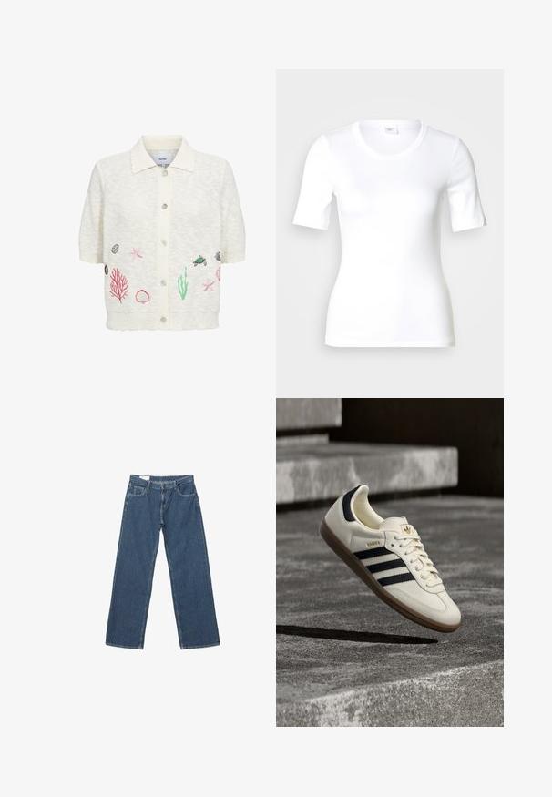 Cardigan blanc à manches courtes avec col et boutons sur le devant, avec des broderies représentant la vie marine, notamment étoiles de mer, coquillages, coraux et une tortue.; T-shirt blanc à manches courtes en coton lisse, doté d'un col rond et d'une coupe ajustée. Design classique, sans motifs ni accents.; Pantalon en denim bleu avec des fines rayures blanches verticales, poches avant, passants de ceinture et fermeture par bouton, posé à plat sur un fond blanc.; Baskets blanches Adidas Samba avec des bandes noires et une semelle en gomme, flottant au-dessus de marches en béton gris texturé.
