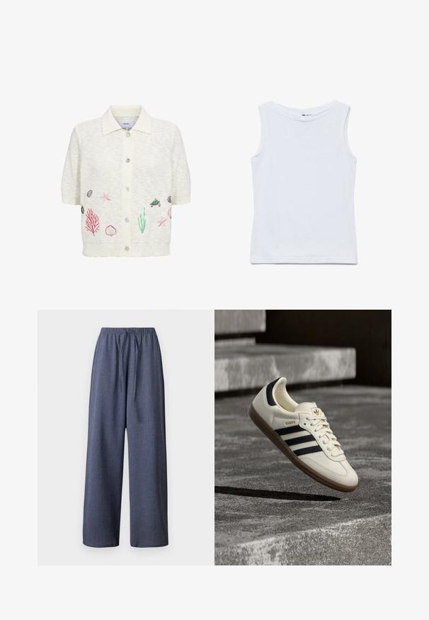 Cardigan blanc à manches courtes avec col et boutons sur le devant, avec des broderies représentant la vie marine, notamment étoiles de mer, coquillages, coraux et une tortue.; Haut blanc sans manches en coton avec un large col rond et un ourlet droit, présenté à plat sur un fond blanc.; Pantalons larges bleu marine, en tissu texturé, avec une taille élastique et un cordon de serrage ajustable. Pas de poches visibles.; Baskets blanches Adidas Samba avec des bandes noires et une semelle en gomme, flottant au-dessus de marches en béton gris texturé.