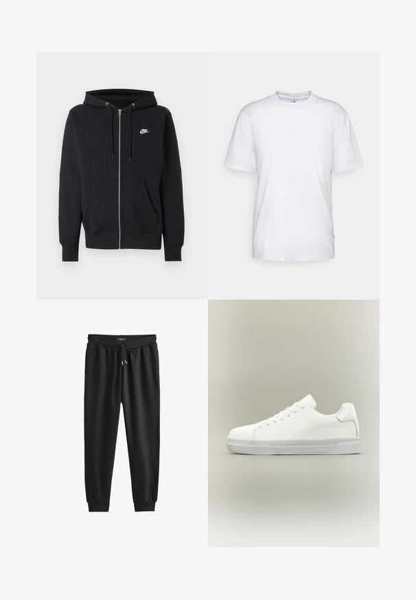 Čierna Nike mikina na zips s prednými vreckami, kapucňou so šnúrkami a malým bielym logom Nike na ľavej strane hrude.; Biela bavlnená tričko s okrúhlym výstrihom, krátkymi rukávmi a rovnými okrajmi. Obsahuje malú značku na bočnom šve na ľavej strane.; Čierne tepláky vyrobené z mäkkej tkaniny, s elastickým pásom a šnúrkou, zužujúcimi nohavicami a rebrovanými manžetami na členkoch.; Biela nízka teniska s predným zaväzovaním na šnúrky, polstrovaným golierom a textúrovanou gumovou podrážkou, zobrazená v bočnom profile na neutrálnom pozadí.
